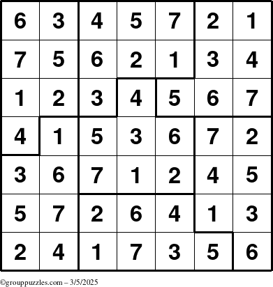 The grouppuzzles.com Answer grid for the Sudoku-7B puzzle for Wednesday March 5, 2025