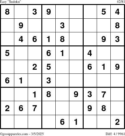 The grouppuzzles.com Easy Sudoku puzzle for Wednesday March 5, 2025