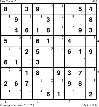 The grouppuzzles.com Easy Sudoku puzzle for Wednesday March 5, 2025 with all 4 steps marked