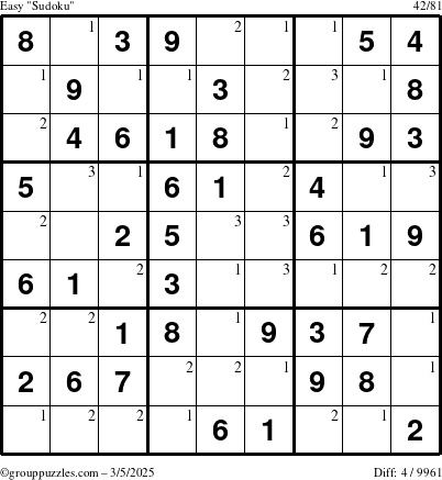 The grouppuzzles.com Easy Sudoku puzzle for Wednesday March 5, 2025 with the first 3 steps marked