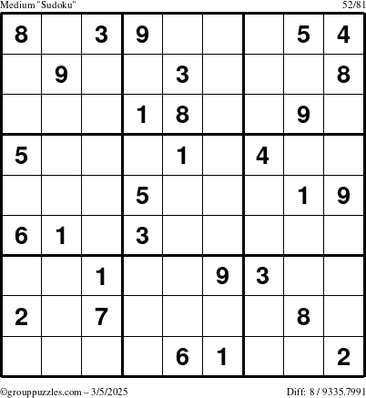 The grouppuzzles.com Medium Sudoku puzzle for Wednesday March 5, 2025