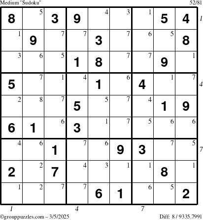 The grouppuzzles.com Medium Sudoku puzzle for Wednesday March 5, 2025 with all 8 steps marked