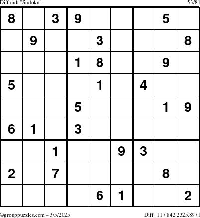 The grouppuzzles.com Difficult Sudoku puzzle for Wednesday March 5, 2025