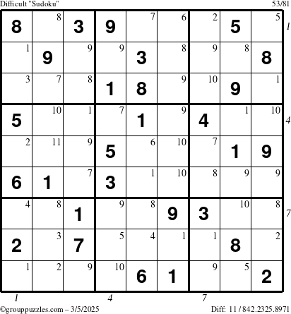 The grouppuzzles.com Difficult Sudoku puzzle for Wednesday March 5, 2025 with all 11 steps marked