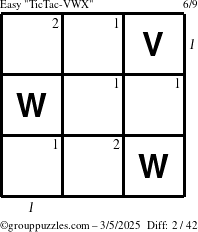 The grouppuzzles.com Easy TicTac-VWX puzzle for Wednesday March 5, 2025 with all 2 steps marked