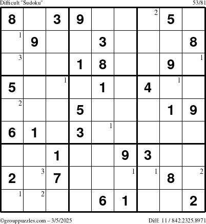 The grouppuzzles.com Difficult Sudoku puzzle for Wednesday March 5, 2025 with the first 3 steps marked