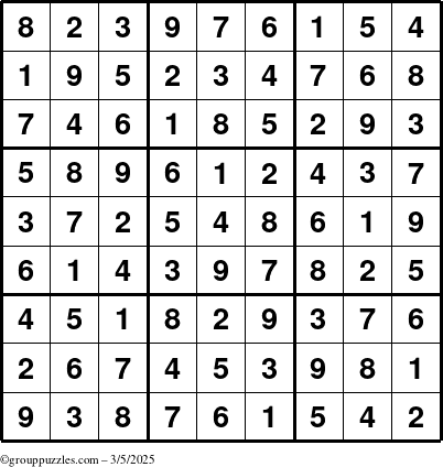 The grouppuzzles.com Answer grid for the Sudoku puzzle for Wednesday March 5, 2025