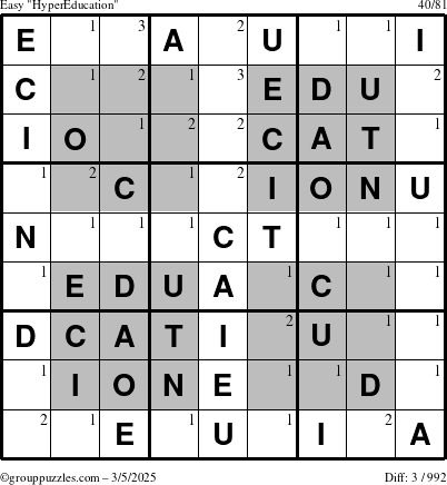 The grouppuzzles.com Easy HyperEducation-i23 puzzle for Wednesday March 5, 2025 with the first 3 steps marked