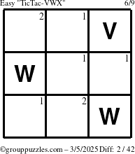 The grouppuzzles.com Easy TicTac-VWX puzzle for Wednesday March 5, 2025 with the first 2 steps marked