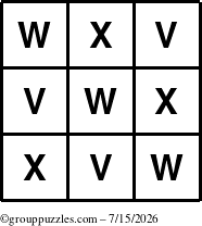 The grouppuzzles.com Answer grid for the TicTac-VWX puzzle for Wednesday July 15, 2026