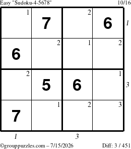 The grouppuzzles.com Easy Sudoku-4-5678 puzzle for Wednesday July 15, 2026, suitable for printing, with all 3 steps marked