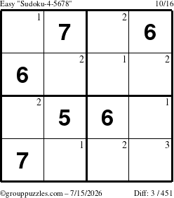 The grouppuzzles.com Easy Sudoku-4-5678 puzzle for Wednesday July 15, 2026 with the first 3 steps marked