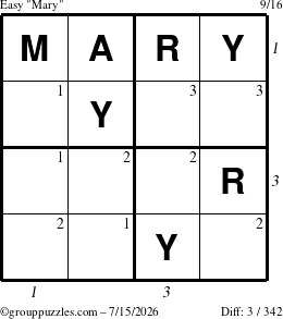The grouppuzzles.com Easy Mary puzzle for Wednesday July 15, 2026 with all 3 steps marked