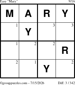 The grouppuzzles.com Easy Mary puzzle for Wednesday July 15, 2026 with the first 3 steps marked
