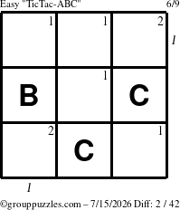 The grouppuzzles.com Easy TicTac-ABC puzzle for Wednesday July 15, 2026 with all 2 steps marked