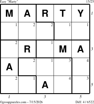 The grouppuzzles.com Easy Marty puzzle for Wednesday July 15, 2026 with all 4 steps marked
