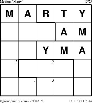 The grouppuzzles.com Medium Marty puzzle for Wednesday July 15, 2026 with the first 3 steps marked