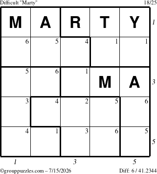 The grouppuzzles.com Difficult Marty puzzle for Wednesday July 15, 2026, suitable for printing, with all 6 steps marked