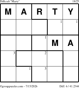 The grouppuzzles.com Difficult Marty puzzle for Wednesday July 15, 2026 with the first 3 steps marked