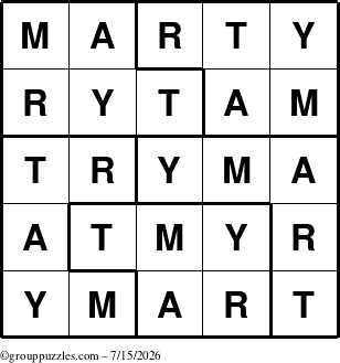 The grouppuzzles.com Answer grid for the Marty puzzle for Wednesday July 15, 2026
