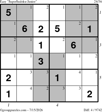The grouppuzzles.com Easy SuperSudoku-Junior puzzle for Wednesday July 15, 2026, suitable for printing, with all 4 steps marked