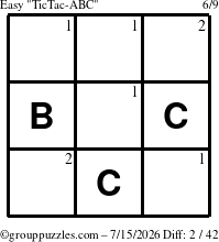 The grouppuzzles.com Easy TicTac-ABC puzzle for Wednesday July 15, 2026 with the first 2 steps marked