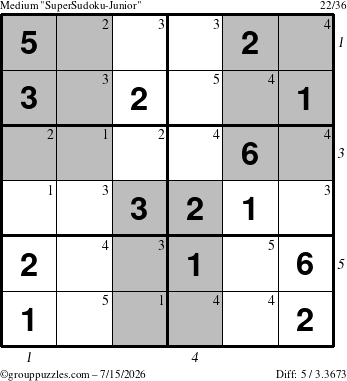 The grouppuzzles.com Medium SuperSudoku-Junior puzzle for Wednesday July 15, 2026, suitable for printing, with all 5 steps marked