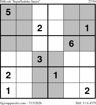 The grouppuzzles.com Difficult SuperSudoku-Junior puzzle for Wednesday July 15, 2026