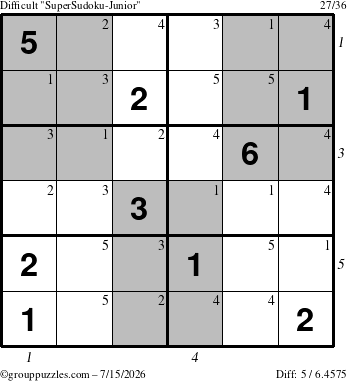 The grouppuzzles.com Difficult SuperSudoku-Junior puzzle for Wednesday July 15, 2026, suitable for printing, with all 5 steps marked