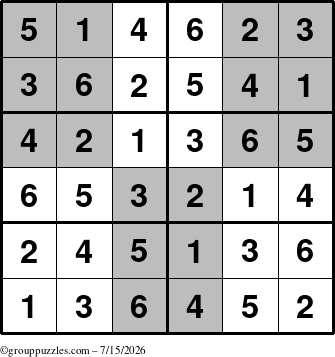 The grouppuzzles.com Answer grid for the SuperSudoku-Junior puzzle for Wednesday July 15, 2026