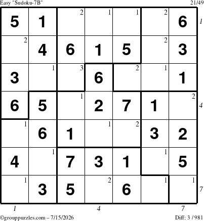 The grouppuzzles.com Easy Sudoku-7B puzzle for Wednesday July 15, 2026 with all 3 steps marked
