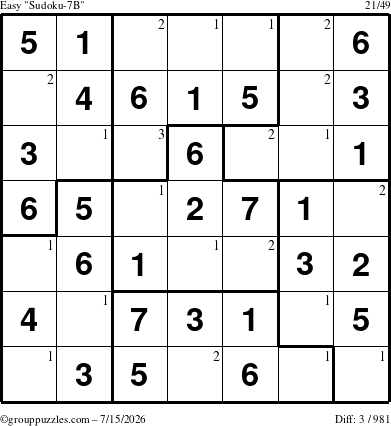 The grouppuzzles.com Easy Sudoku-7B puzzle for Wednesday July 15, 2026 with the first 3 steps marked