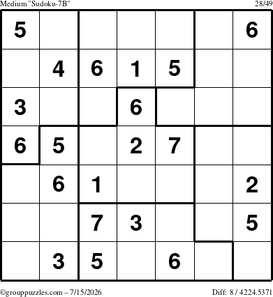 The grouppuzzles.com Medium Sudoku-7B puzzle for Wednesday July 15, 2026