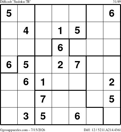 The grouppuzzles.com Difficult Sudoku-7B puzzle for Wednesday July 15, 2026