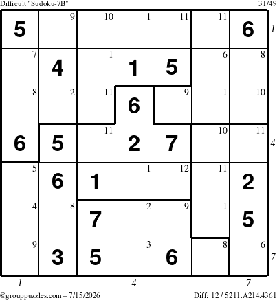 The grouppuzzles.com Difficult Sudoku-7B puzzle for Wednesday July 15, 2026, suitable for printing, with all 12 steps marked