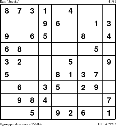 The grouppuzzles.com Easy Sudoku puzzle for Wednesday July 15, 2026