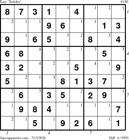The grouppuzzles.com Easy Sudoku puzzle for Wednesday July 15, 2026 with all 4 steps marked