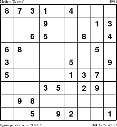 The grouppuzzles.com Medium Sudoku puzzle for Wednesday July 15, 2026