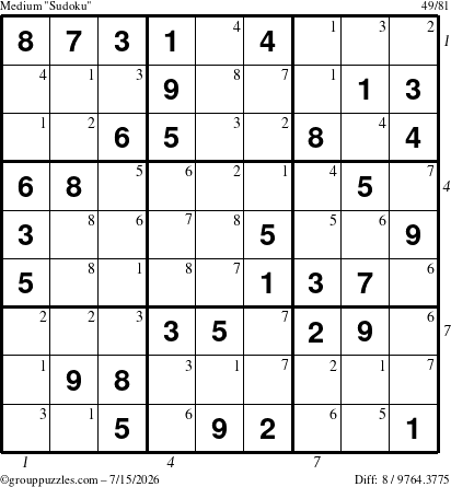 The grouppuzzles.com Medium Sudoku puzzle for Wednesday July 15, 2026 with all 8 steps marked