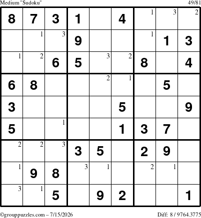 The grouppuzzles.com Medium Sudoku puzzle for Wednesday July 15, 2026 with the first 3 steps marked