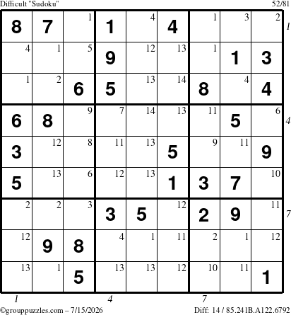 The grouppuzzles.com Difficult Sudoku puzzle for Wednesday July 15, 2026 with all 14 steps marked