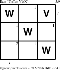 The grouppuzzles.com Easy TicTac-VWX puzzle for Wednesday July 15, 2026 with all 2 steps marked