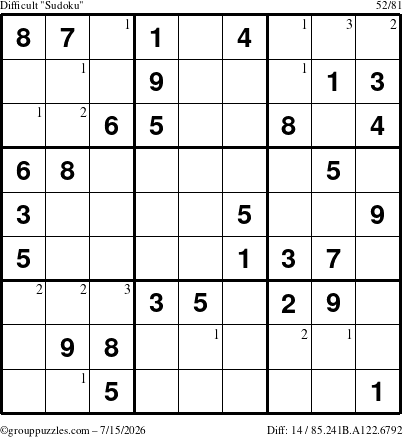 The grouppuzzles.com Difficult Sudoku puzzle for Wednesday July 15, 2026 with the first 3 steps marked
