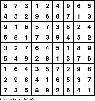 The grouppuzzles.com Answer grid for the Sudoku puzzle for Wednesday July 15, 2026