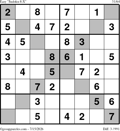 The grouppuzzles.com Easy Sudoku-8-X puzzle for Wednesday July 15, 2026