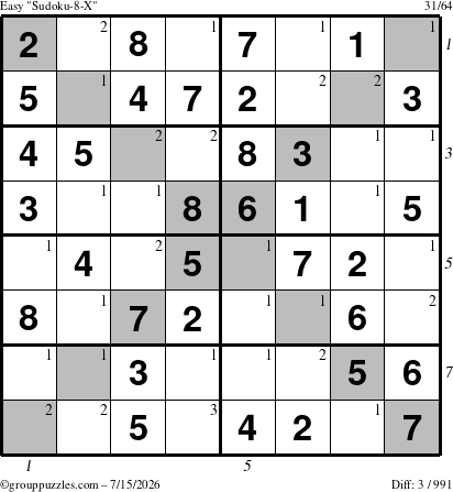 The grouppuzzles.com Easy Sudoku-8-X puzzle for Wednesday July 15, 2026, suitable for printing, with all 3 steps marked