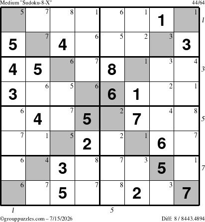 The grouppuzzles.com Medium Sudoku-8-X puzzle for Wednesday July 15, 2026 with all 8 steps marked