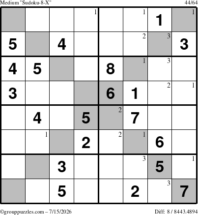 The grouppuzzles.com Medium Sudoku-8-X puzzle for Wednesday July 15, 2026 with the first 3 steps marked