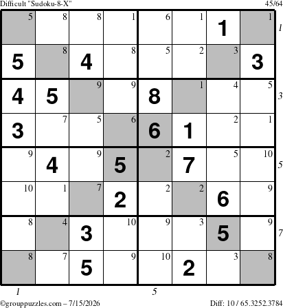 The grouppuzzles.com Difficult Sudoku-8-X puzzle for Wednesday July 15, 2026, suitable for printing, with all 10 steps marked