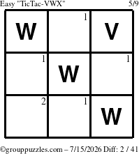 The grouppuzzles.com Easy TicTac-VWX puzzle for Wednesday July 15, 2026 with the first 2 steps marked